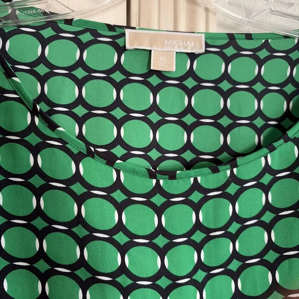 Michael Kors Womens XL Green Geometric Print Blouse Smocked Waist Long Sleeve